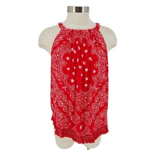 CATO Halter Tank Top Red Bandana Print Sleeveless Fringe Shirt Large